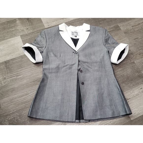 Kasper A S L Petite Gray & White Short Sleeved Hidden Button Up Blazer Shirt - Picture 6 of 10
